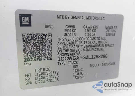 2020 Chevrolet Express Cargo Rwd 2500 Regular Wheelbase Wt from USA, damaged, VIN 1GCWGAFG2L1268286